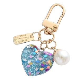 Blue Glitter Heart Pearl Gold Bag Charm Key Ring Accessory